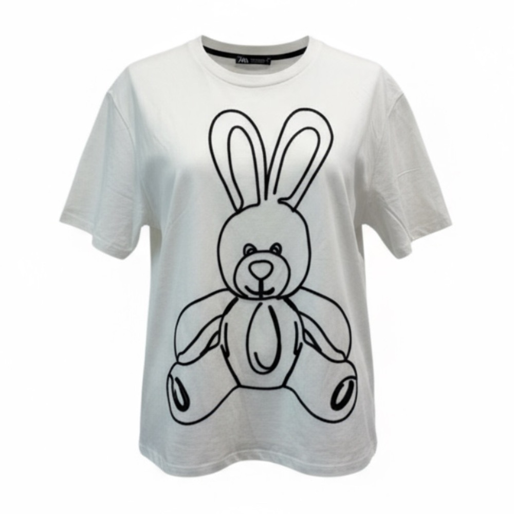 Zara womans White T-Shirt with Bunny Outline size S never worn